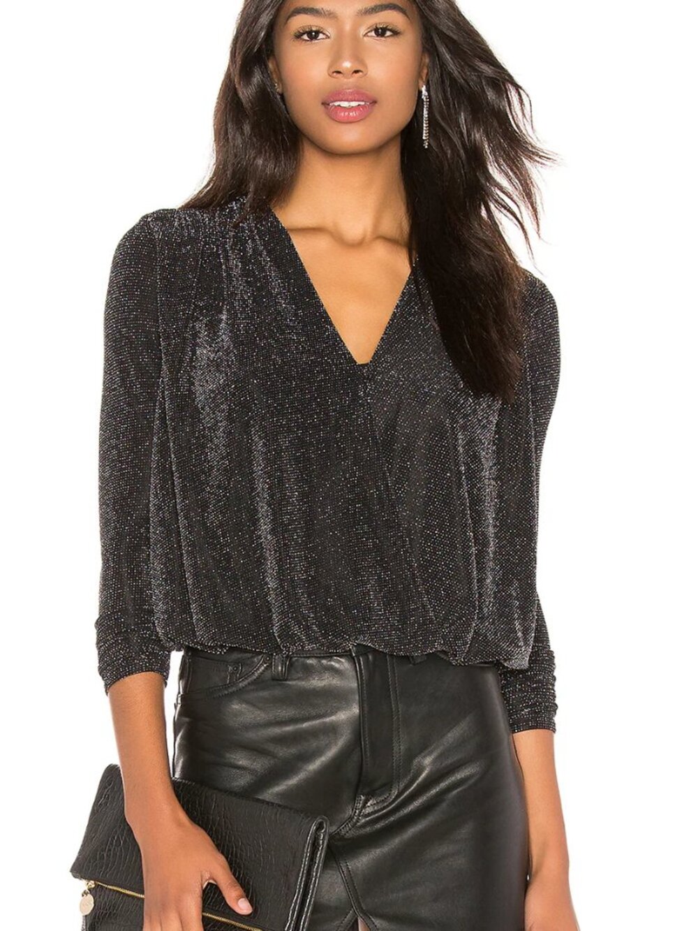 Bailey 44 black metallic wrap-style blouse V-neck shimmering finish top S